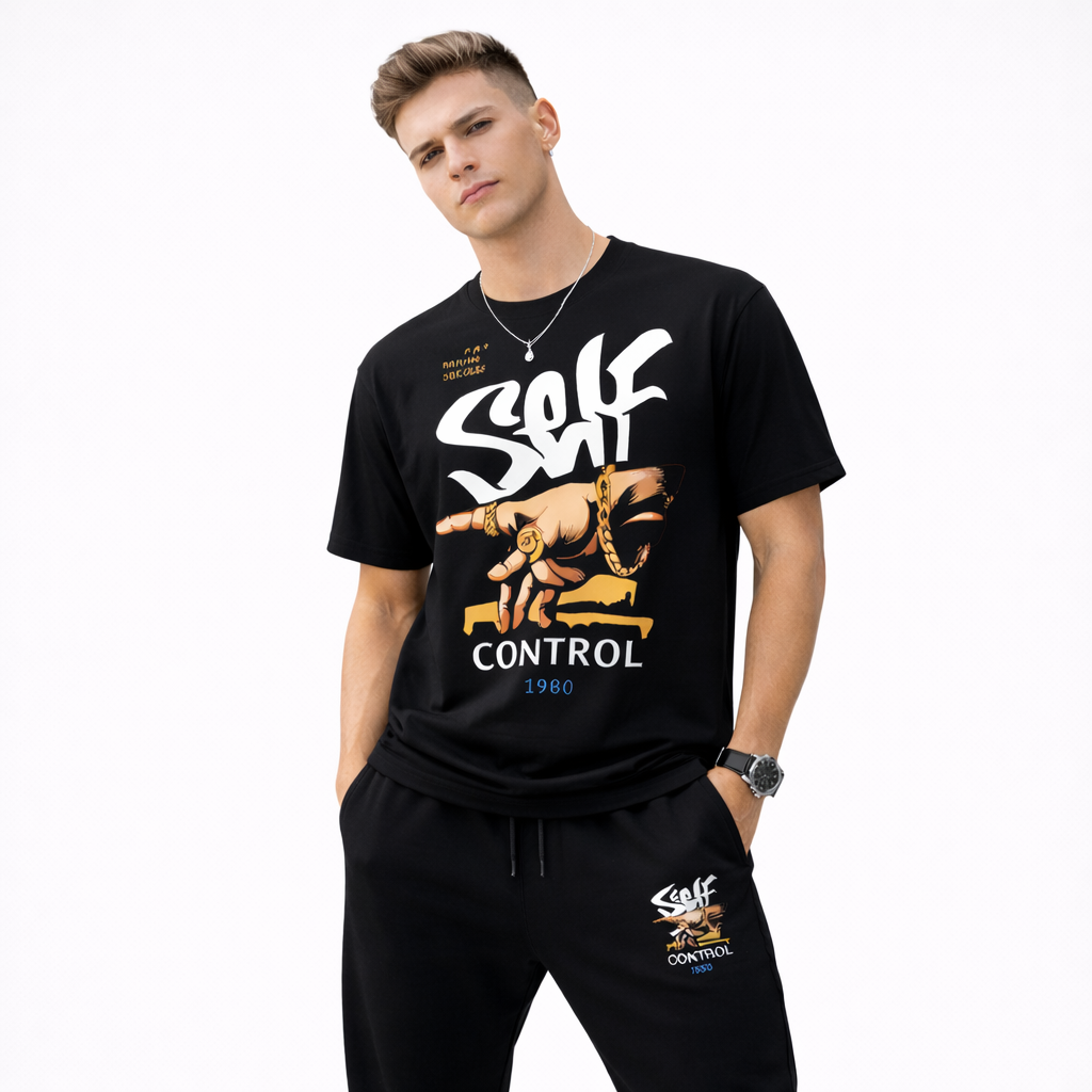Men Black Printed Tracksuit Self Control 1980 For Men